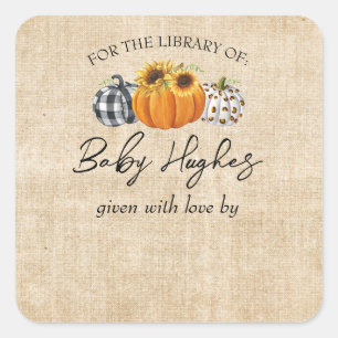 Fall Burlap Pumpkin Baby Shower Library Bookplate Square Sticker