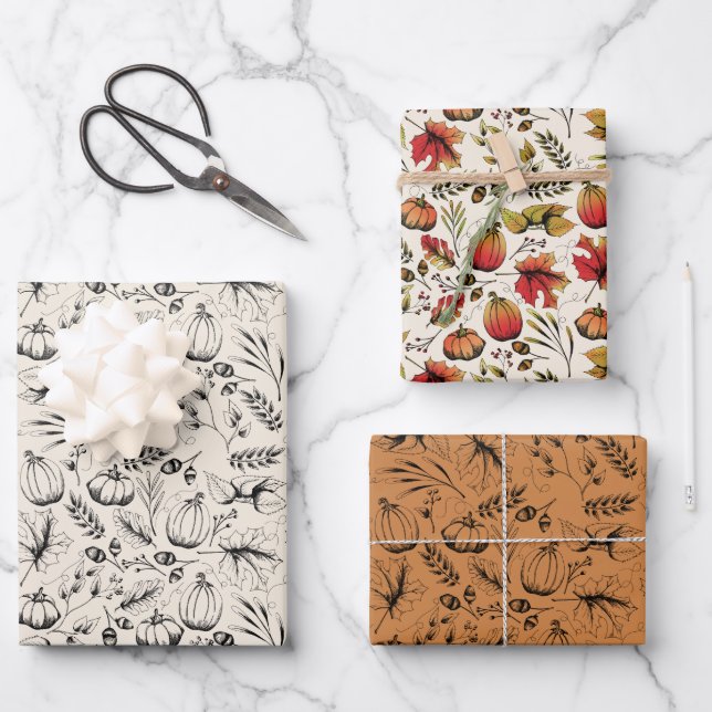 Fall Burnt Orange and Cream Autumn Harvest Wrapping Paper Sheet (Front)
