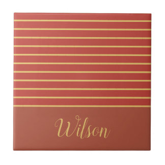 Fall Burnt Orange and Gold Last Name Striped Tile