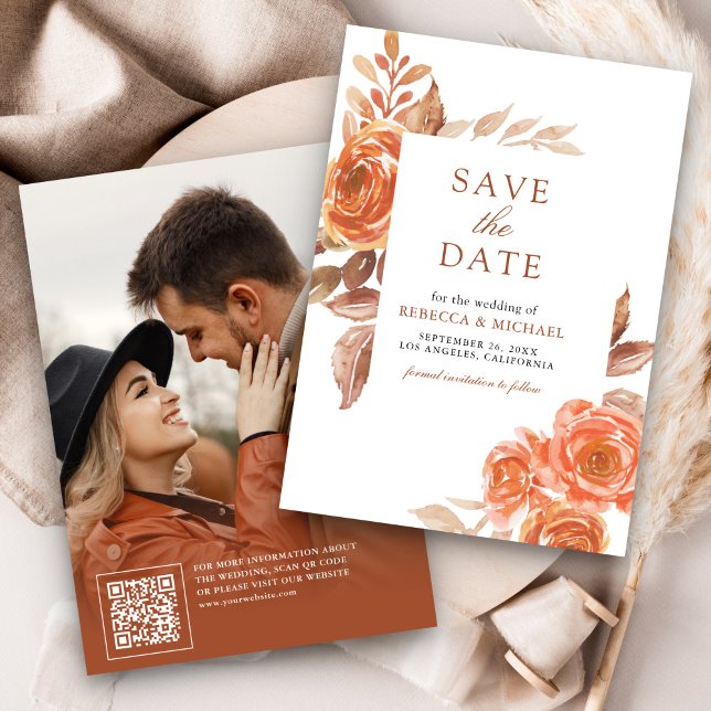Fall Burnt Orange Floral Terracotta Photo Wedding Save The Date (Creator Uploaded)