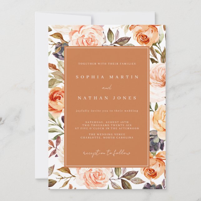 Fall Burnt Orange Floral Wedding Invitation (Front)