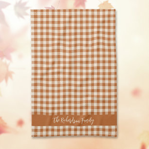 Fall Burnt Orange Gingham Autumn Plaid Custom Name Tea Towel