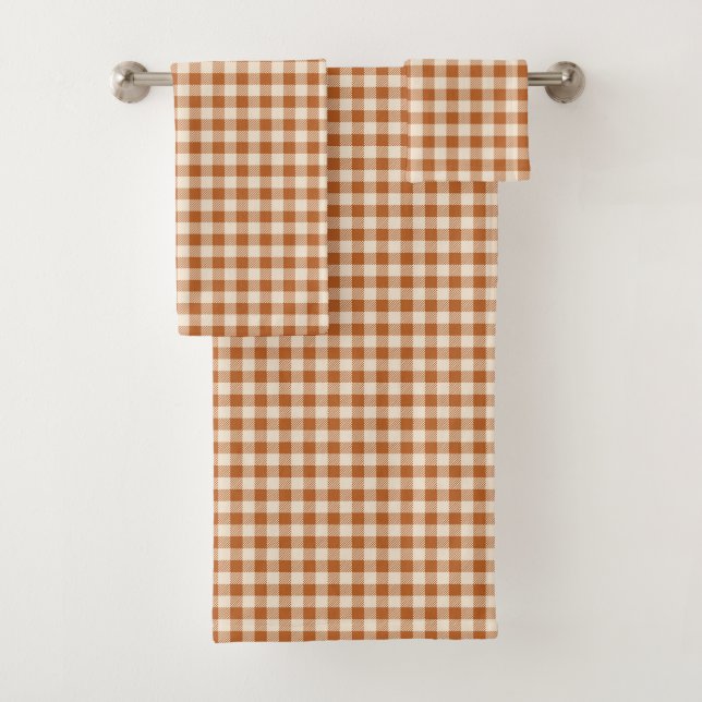 Fall Burnt Orange Gingham Pattern Autumn Plaid Bath Towel Set (Insitu)
