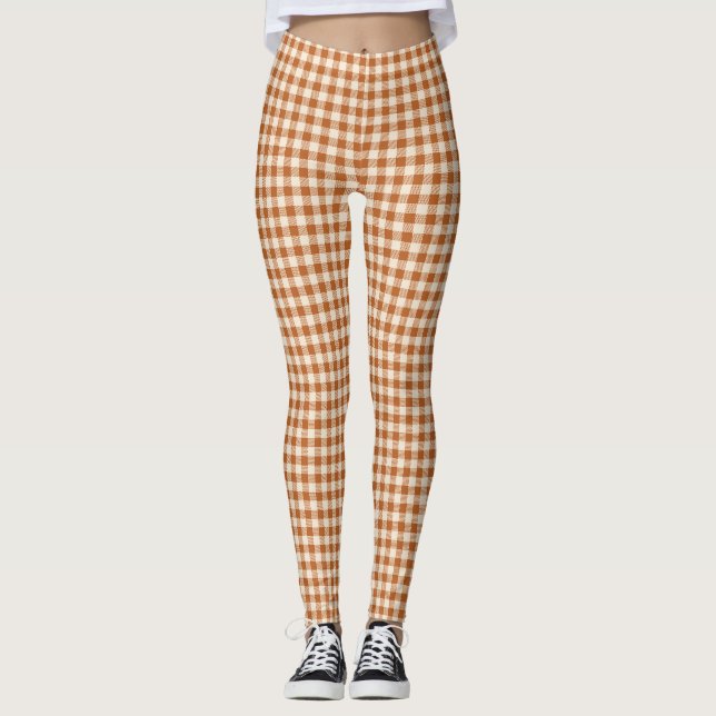 Fall Burnt Orange Gingham Pattern Autumn Plaid Leggings (Front)