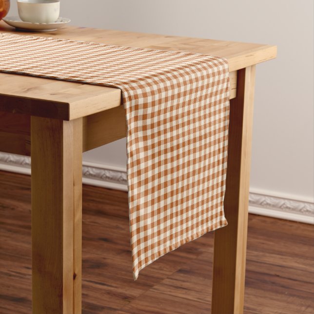 Fall Burnt Orange Gingham Pattern Autumn Plaid Short Table Runner (In Situ)