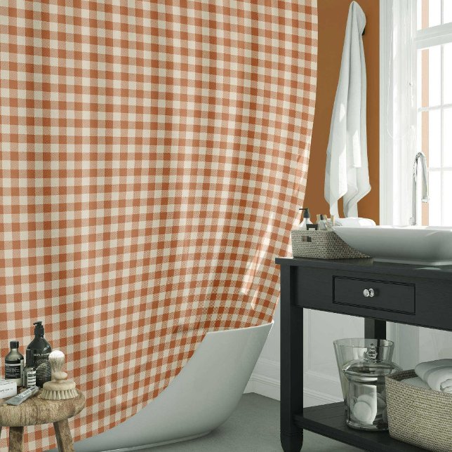 Fall Burnt Orange Gingham Pattern Autumn Plaid Shower Curtain (Creator Uploaded)