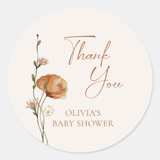 Fall Burnt Orange Poppy Favour Thank You Classic Round Sticker (Front)