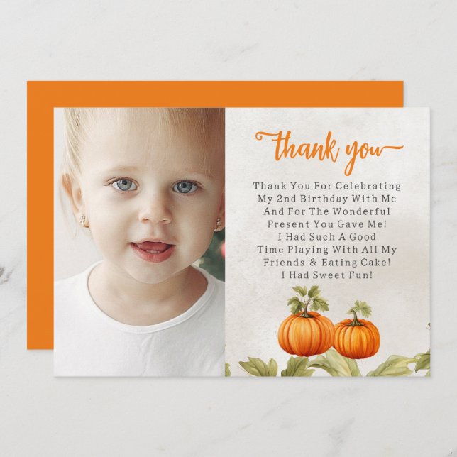 Fall Burnt Orange Pumpkin Patch Birthday Thank You Card (Front/Back)