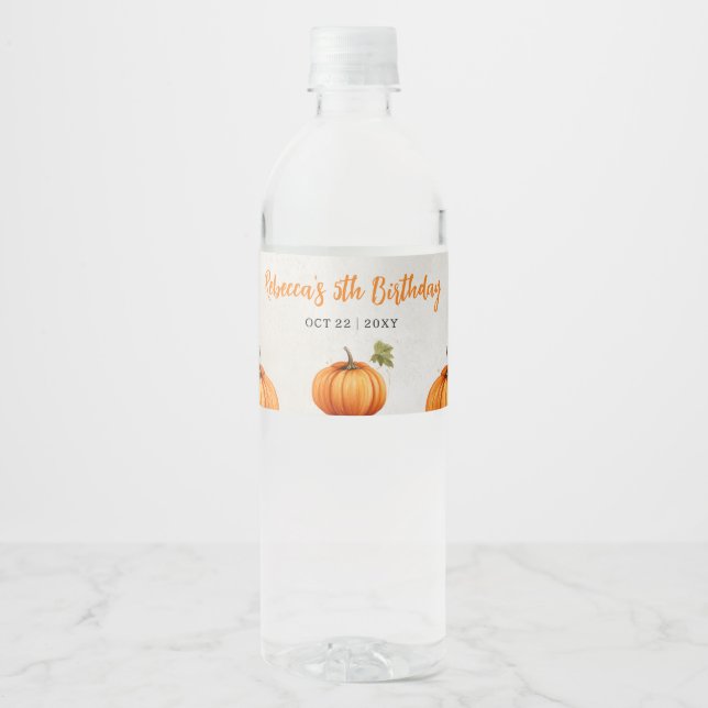 Fall Burnt Orange Pumpkin Patch Birthday Water Bottle Label (Front)