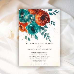 Fall Burnt Orange Roses Teal Greenery Wedding Invitation