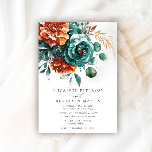 Fall Burnt Orange Teal Roses Botanical Wedding Invitation
