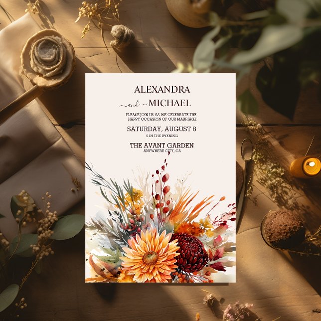 Fall Burnt Orange Watercolor Pampas Grass Wedding Invitation (Creator Uploaded)