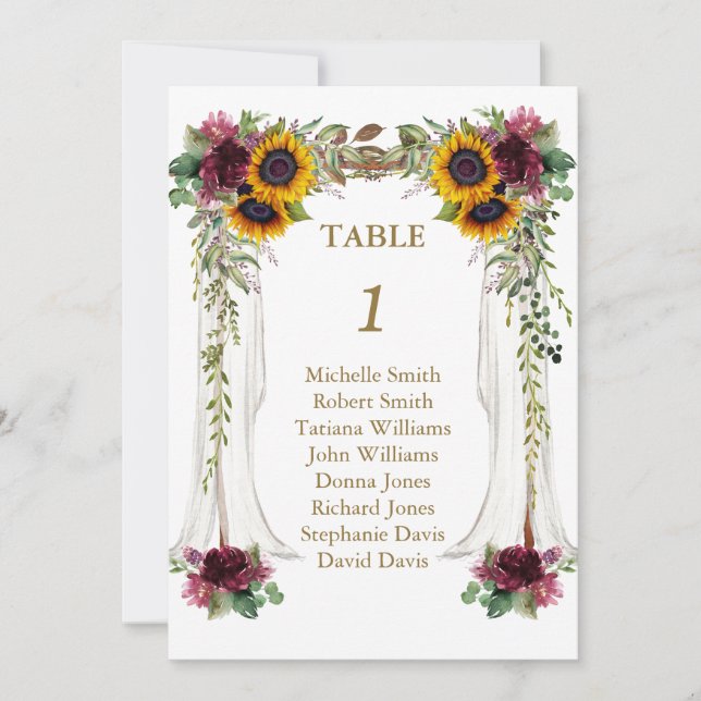 Fall Canopy Sunflowers Wedding Table Number (Front)