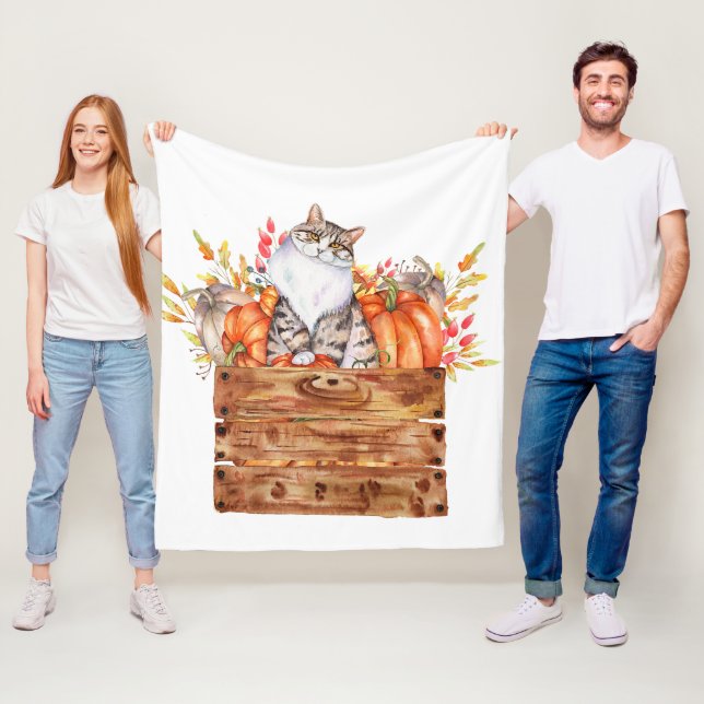 Fall cat and pumpkins in box  fleece blanket (In Situ)