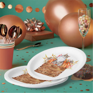 Fall cat and pumpkins in box  paper plate