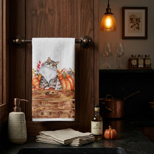 Fall cat and pumpkins in box tea towel
