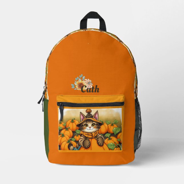 Fall Cat  Autumn Themed  Printed Backpack (Front)