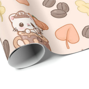 Fall Cat Mug Kawaii Coffee Bean Pattern Wrapping Paper