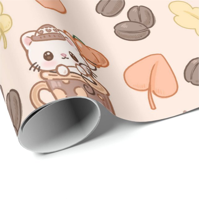 Fall Cat Mug Kawaii Coffee Bean Pattern Wrapping Paper (Roll Corner)