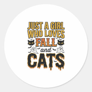 Fall Cats Halloween Girl Vintage Graphic Design_1 Classic Round Sticker