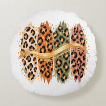 Fall Cheetah Print Round Throw Pillow with Gold Ac