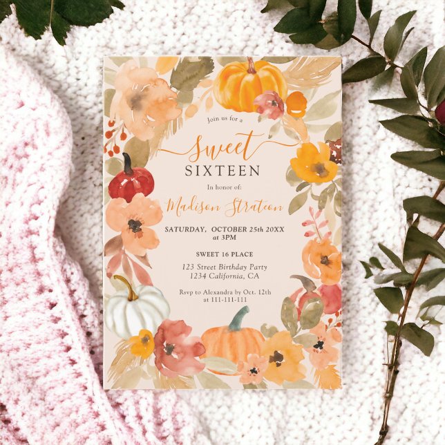 Fall Chic Boho pumpkin floral Sweet 16 birthday Invitation (Fall Chic Boho pumpkin floral Sweet 16 birthday Invitation)
