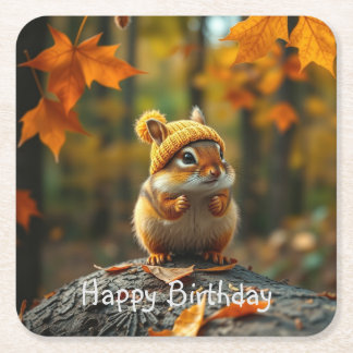 Fall Chipmunk Birthday Square Paper Coaster