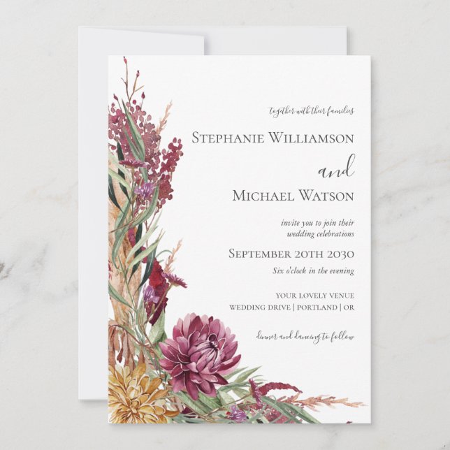Fall Chrysanthemums Watercolor Floral Wedding Invitation (Front)