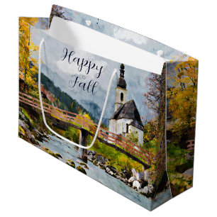Fall church and trees with customisable text  large gift bag