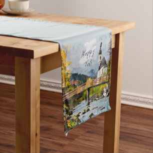 Fall church and trees with customisable text  short table runner