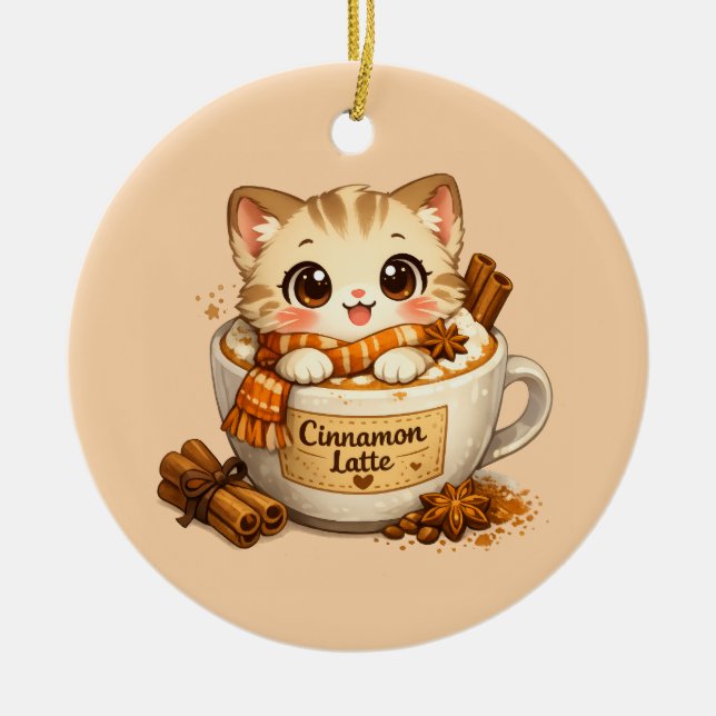 Fall Cinnamon Latte Kitty Ceramic Tree Decoration (Front)