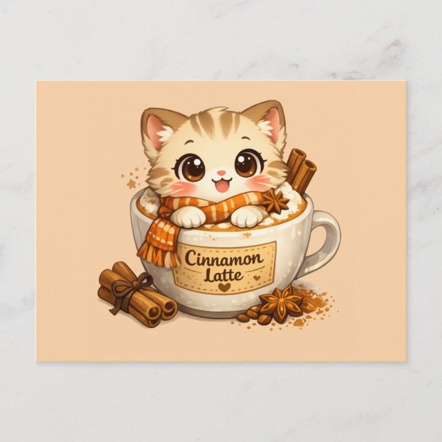 Fall Cinnamon Latte Kitty Holiday Postcard (Front)