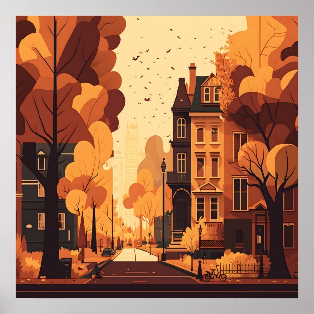 Fall City Street Rustic Orange Red Yellow Brown Poster (Front)