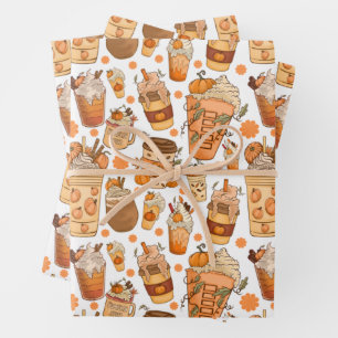 Fall Coffee Latte Pumpkin Pattern  Wrapping Paper Sheet