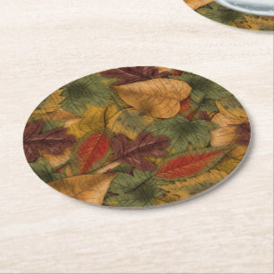 Fall Colors Leaf Pattern Round Paper Coaster