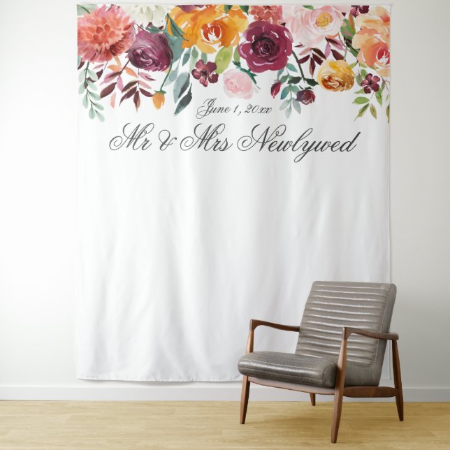 Fall Colour Floral Wedding Photo Backdrop Tapestry (In Situ)