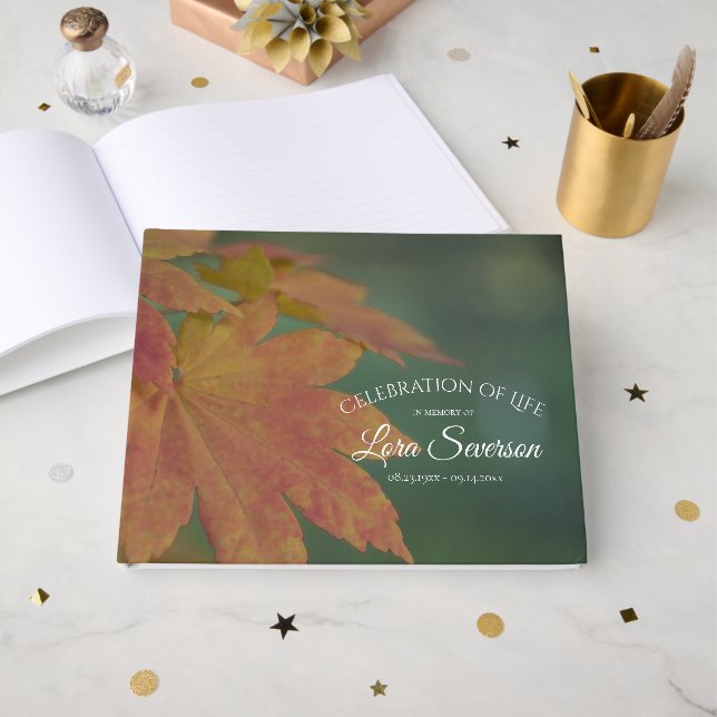 Fall Coloured Leaves Celebration of Life Memorial Guest Book (Front Open)