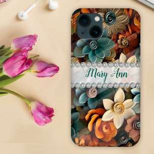 Fall colours 3D flowers, diamond frame custom iPhone 13 Case