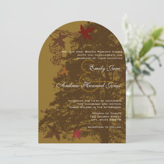 Fall Colours Brown Oak Tree Wedding  Invitation (Standing Front)
