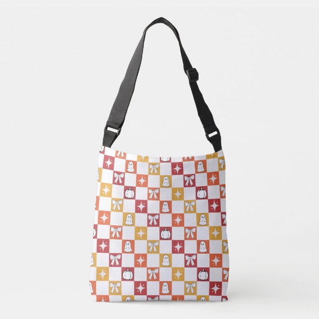 Fall Colours Chequered Pattern Ghost Pumpkins Bows Crossbody Bag (Front)