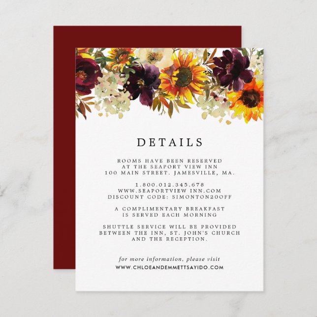 Fall Colours Sunflower Wedding Guest Details Enclo Enclosure Card (Front/Back)