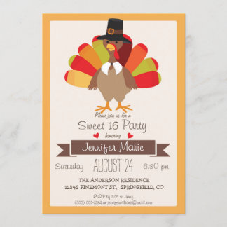 Fall Colours Thanksgiving Turkey Sweet 16 Party Invitation