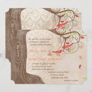 Fall Colours Tree on Vintage Damask Wedding Invite