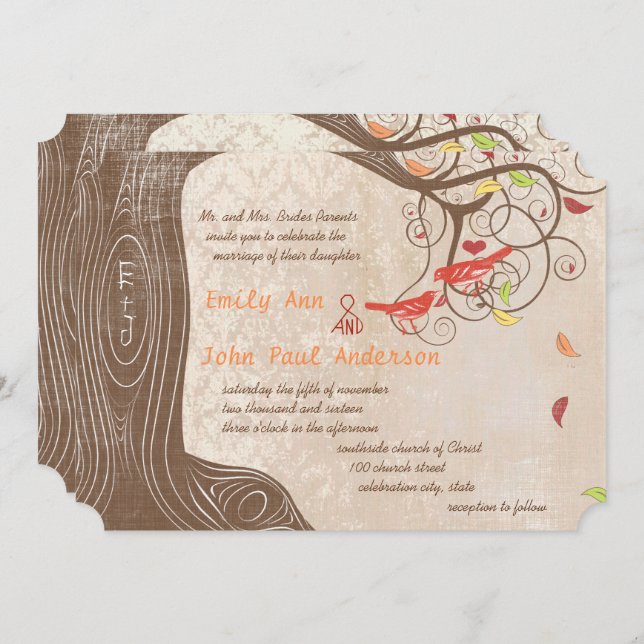 Fall Colours Tree on Vintage Damask Wedding Invite (Front/Back)