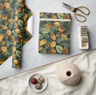 Fall copper yellow orange green autumn leaves wrapping paper