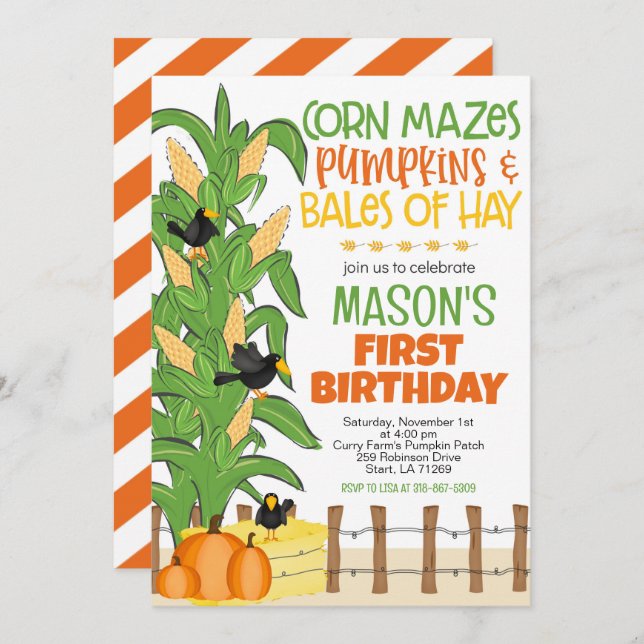 Fall Corn Maze Pumpkin Boy Birthday Invitation (Front/Back)