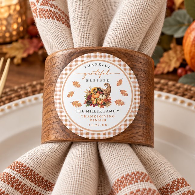 Fall Cornucopia Gingham Grateful Thanksgiving  Classic Round Sticker (Fall Cornucopia Gingham Grateful Thanksgiving Classic Round Sticker)