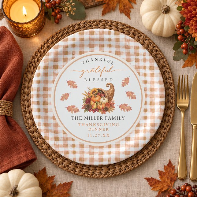 Fall Cornucopia Gingham Grateful Thanksgiving  Paper Plate (Fall Cornucopia Gingham Grateful Thanksgiving Paper Plates)