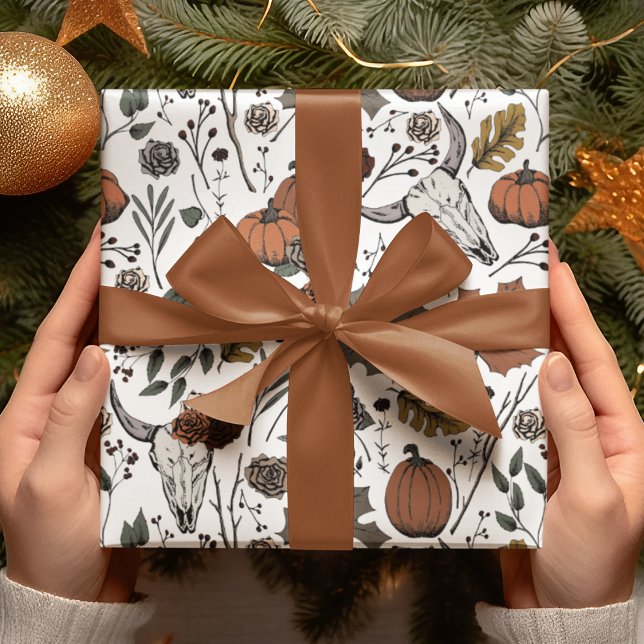 Fall Cow Skull Halloween Wrapping Paper (Hand-DrawnCow Skull & Fall Harvest Illustrations. Skull, Pumpkins, Roses, Leaves, Berries & Branches)