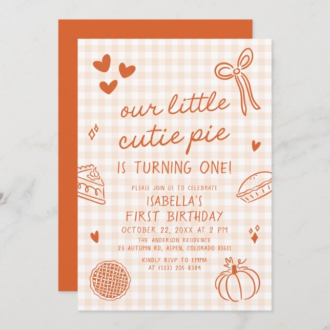Fall Cute Hand Drawn Our Little Cutie Pie Birthday Invitation (Front/Back)